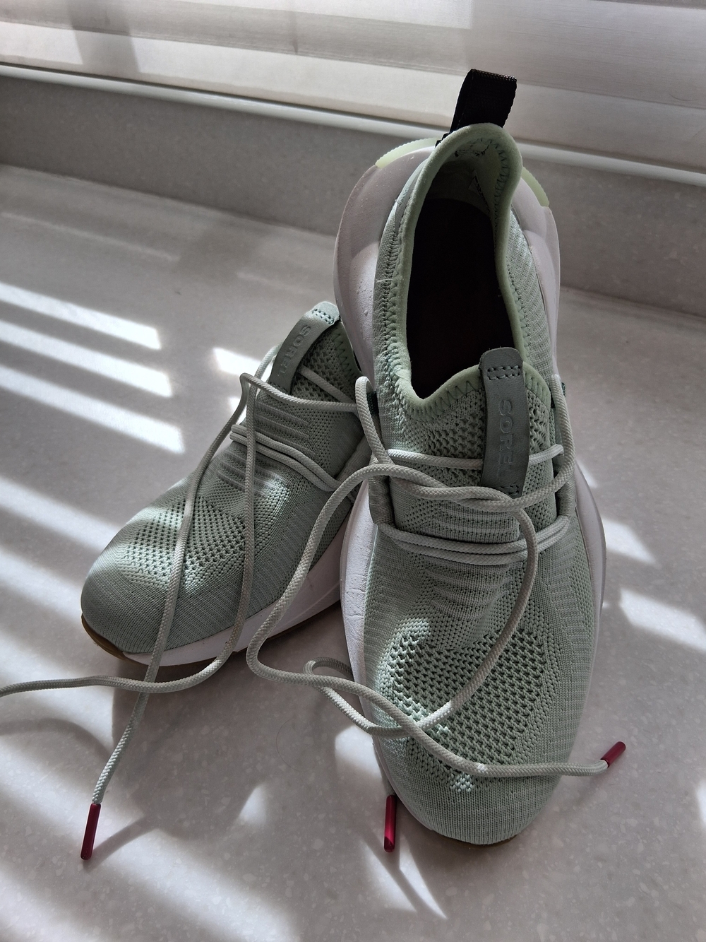 Sorel Mint Green Knit Slip-On Sneakers with Pink Lace Tips
